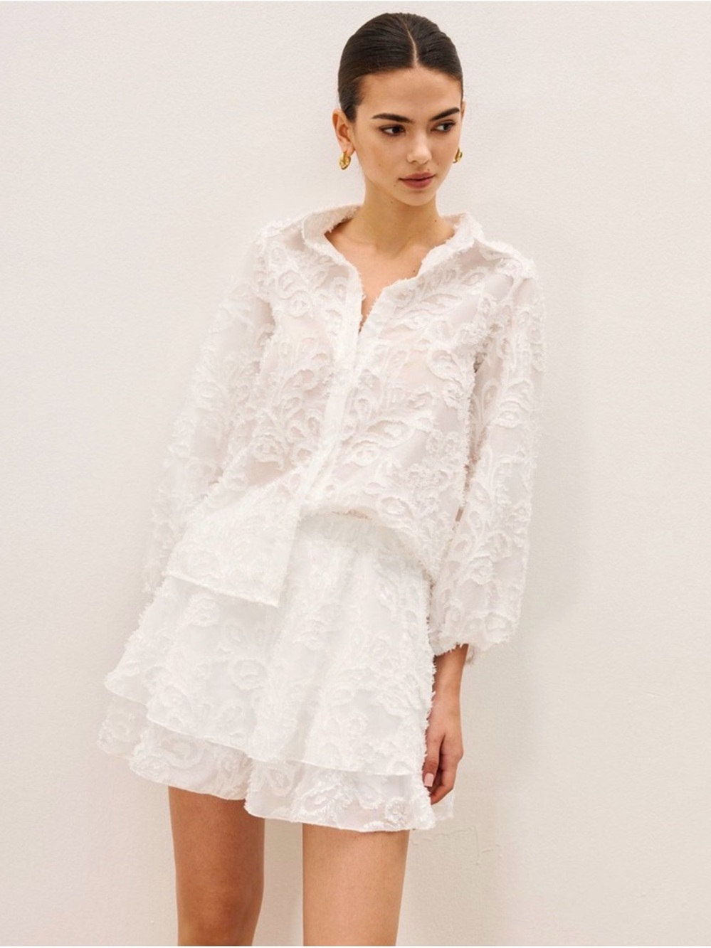 Commense White Sheer Floral Lace Blouse and Skort Set